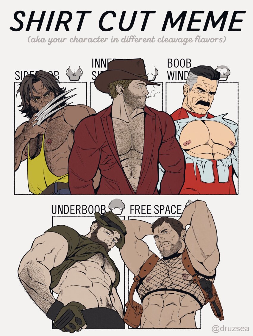 5boys abs arm_hair arms_up arthur_morgan bara bare_pectorals beard belt black_shirt blue_eyes bonjourdraws brown_hair call_of_duty call_of_duty:_modern_warfare_2 captain_price chest_hair chris_redfield cigarette claw_(weapon) closed_mouth clothes_lift clothing_cutout commentary english_commentary english_text facial_hair fingerless_gloves fishnets gloves hairy hat highres invincible_(series) large_pectorals long_hair long_sleeves looking_at_viewer male_focus marvel marvel_rivals medium_hair meme multiple_boys multiple_drawing_challenge muscular muscular_male mustache navel nipples omni-man pants pectoral_cleavage pectorals red_dead_redemption_(series) red_dead_redemption_2 resident_evil shirt shirt_cut_meme shirt_lift sidepec smile tank_top torn_clothes underpec weapon wolverine_(x-men) x-men