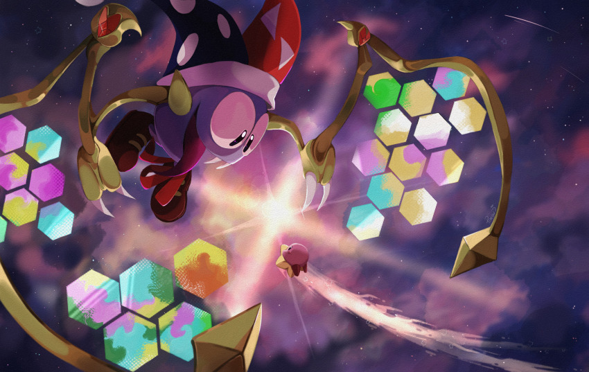 bow bowtie brown_footwear claws colored_skin fangs hat highres jester_cap kirby kirby_(series) kirby_super_star looking_at_another marx_(kirby) nintendo no_humans pingupong0 pom_pom_(clothes) purple_skin red_bow red_bowtie shooting_star star_(sky) tongue tongue_out warp_star wings