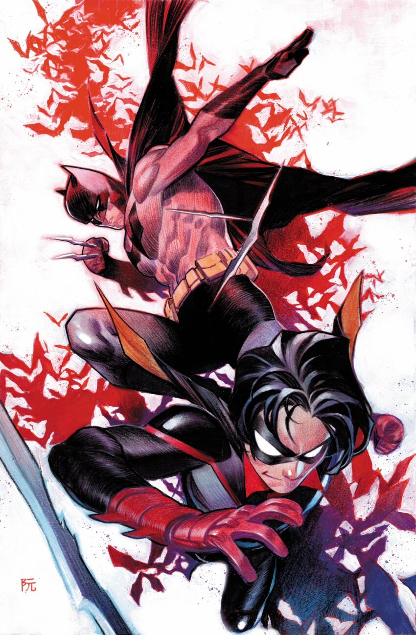 2boys batarang batman batman_(series) belt black_bodysuit black_cape black_gloves black_hair black_male_underwear black_mask bodysuit bruce_wayne cape clenched_hand comic_cover commentary cover_image damian_wayne dc_comics dike_ruan domino_mask english_commentary gloves grey_bodysuit highres holding looking_at_viewer male_underwear mask multiple_boys official_art open_hand parted_lips red_gloves robin_(dc) short_hair smile superhero_costume textless_version traditional_media underwear utility_belt western_comics_(style) yellow_belt