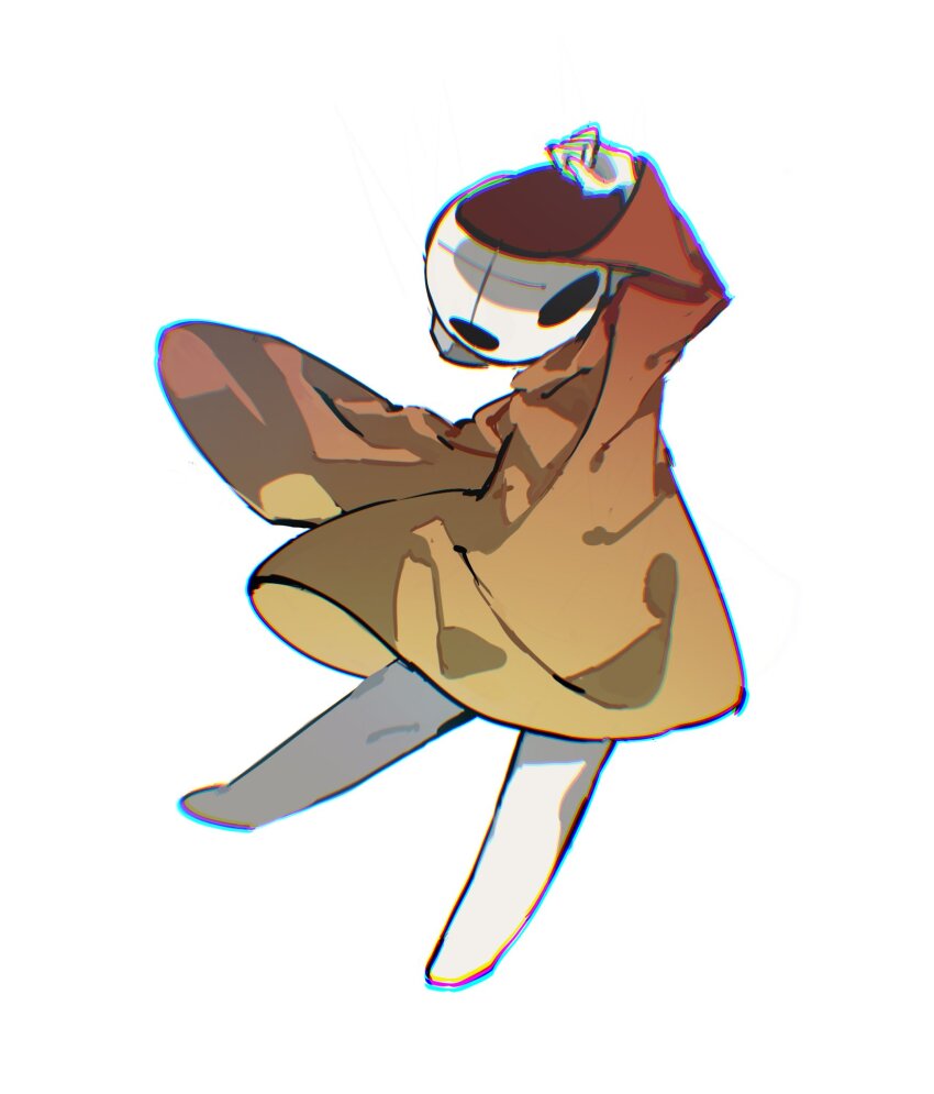 1girl androgynous barefoot black_eyes chromatic_aberration colored_skin commentary_request facial_mark floating forehead_mark full_body gradient_cloak hand_over_face highres iterator_(rain_world) korean_commentary rain_world robot robot_ears robot_girl white_background white_skin x x_facial_mark yellow_cloak yonyangrw