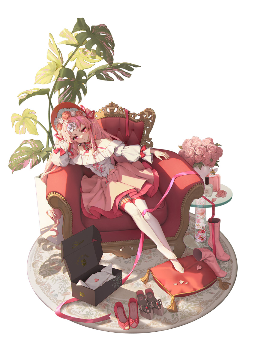 1girl bamcream bare_shoulders bonnet boots bow closed_mouth commentary couch english_commentary flower full_body high_heels highres long_hair long_sleeves looking_at_viewer off-shoulder_shirt off_shoulder original pink_boots pink_flower pink_hair pink_ribbon pink_rose pink_shoes pink_skirt red_bonnet red_bow red_eyes ribbon rose shirt shoes sitting skirt sleeve_bow solo thighhighs unworn_boots unworn_shoes vase white_shirt white_thighhighs