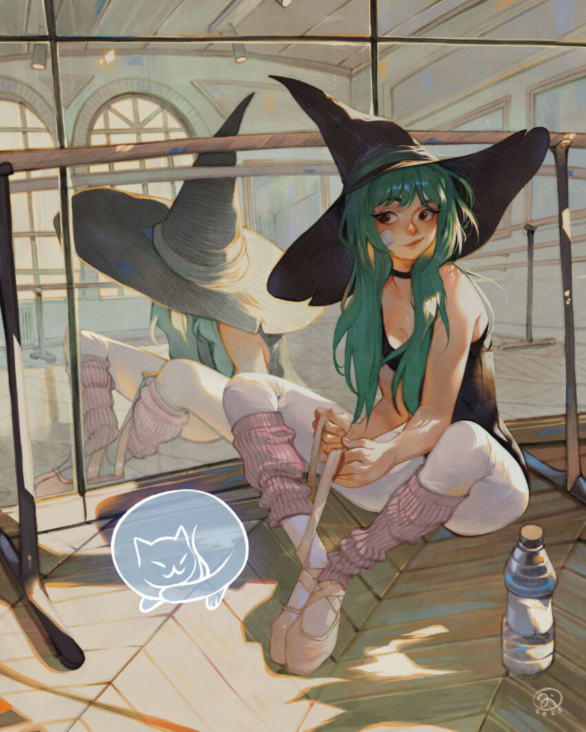 1girl ballerina ballet_slippers bandaid bandaid_on_face black_hat black_leotard bottle breasts brown_eyes cat cleavage green_hair hat highres indoors leotard long_hair medium_breasts mirror original pantyhose reflection simz sitting socks solo water_bottle white_pantyhose witch_hat
