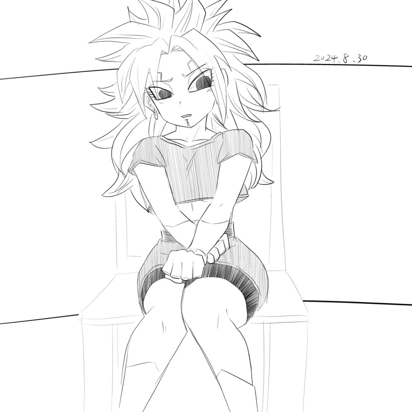 alternate_hair_color breasts calorías dragon_ball dragon_ball_heroes dragon_ball_super highres kakoi_66 kale_(dragon_ball) kamin_(dragon_ball) large_breasts monochrome possessed possession smile solo wide_hips