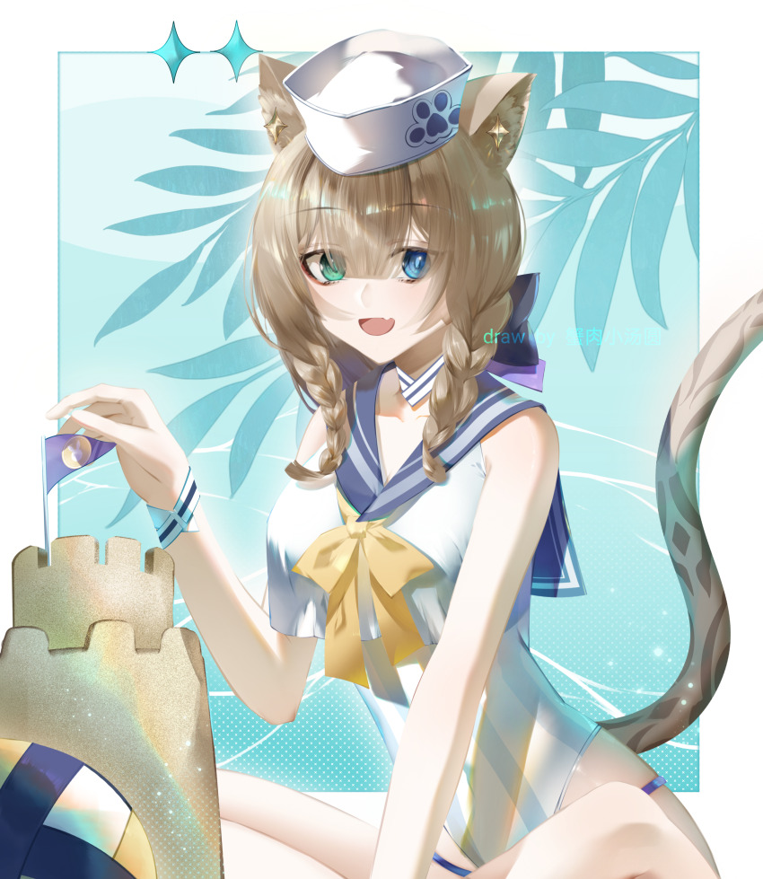 1girl absurdres animal_ears ball blue_eyes blue_sailor_collar bow bowtie braid breasts brown_hair building_sand_sculpture cat_ears cat_girl cat_tail fang green_eyes hat heterochromia highres honkai_(series) honkai_impact_3rd indian_style kailu_(kyshiro) looking_at_viewer medium_breasts medium_hair official_alternate_costume one-piece_swimsuit open_mouth pardofelis pardofelis_(summer_2024) sailor_collar sand_castle sand_sculpture sitting skin_fang solo striped_clothes striped_one-piece_swimsuit swimsuit tail twin_braids vertical-striped_clothes vertical-striped_one-piece_swimsuit volleyball_(object) white_hat yellow_bow yellow_bowtie