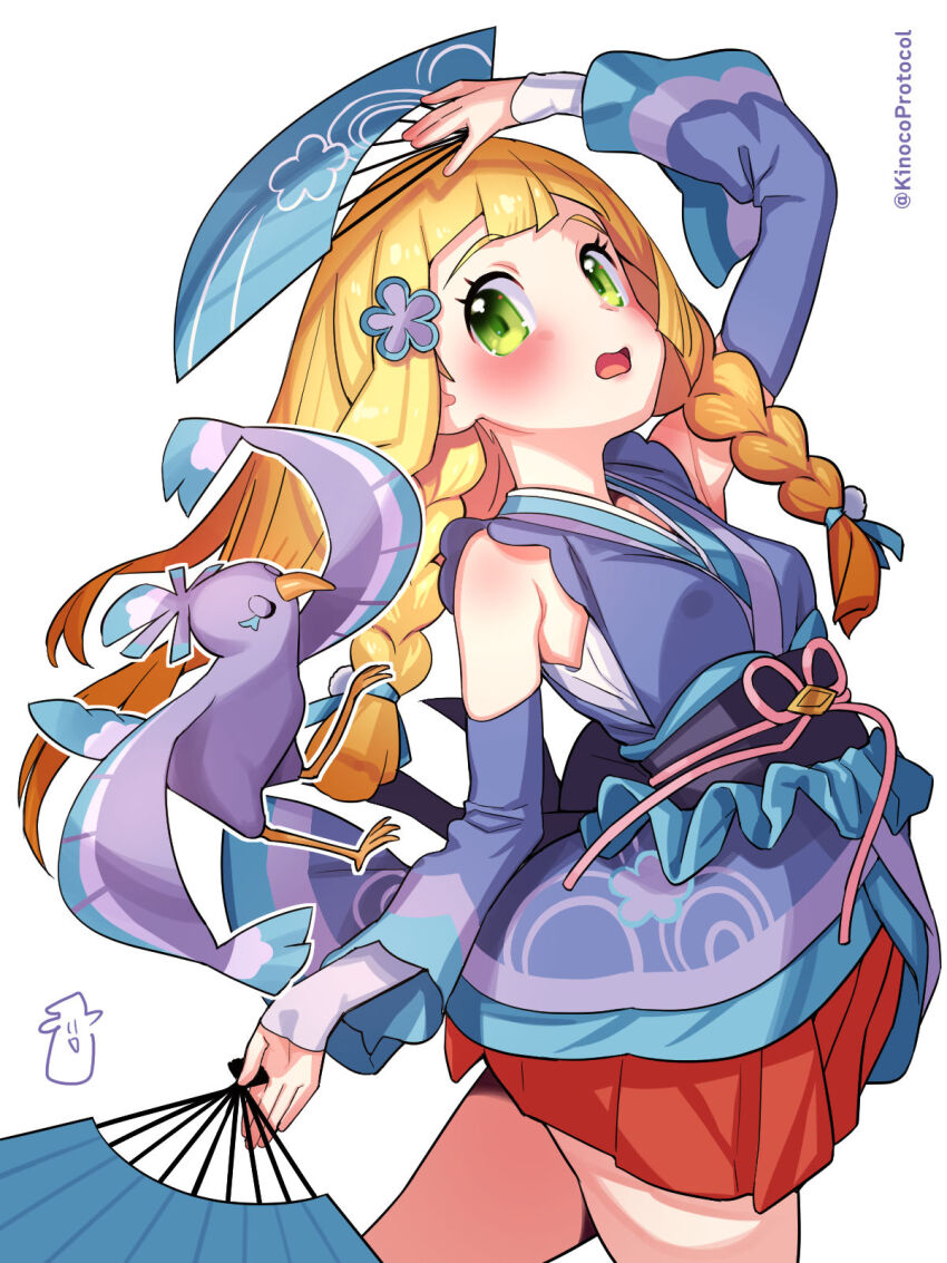 1girl arm_up blonde_hair blush braid commentary_request cosplay dawn_(new_year&#039;s_2023)_(pokemon) dawn_(pokemon) dawn_(pokemon)_(cosplay) detached_sleeves eyelashes gen_7_pokemon green_eyes hair_ornament hand_fan highres holding holding_fan japanese_clothes kimono kinocopro lillie_(pokemon) long_hair nintendo open_mouth oricorio oricorio_(sensu) outline pleated_skirt pokemon pokemon_(creature) pokemon_masters_ex pokemon_sm purple_kimono red_skirt skirt twin_braids twitter_username watermark white_background