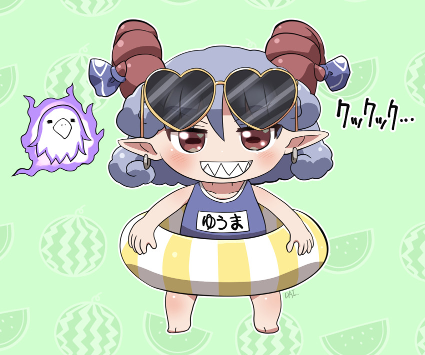 1girl barefoot blue_hair blue_ribbon blush chibi chibi_only commentary_request curly_hair eagle_spirit_(touhou) earrings full_body green_background grin horn_ornament horn_ribbon horns innertube jewelry looking_at_viewer open_mouth pointy_ears red_eyes red_horns ribbon rokugou_daisuke school_swimsuit sharp_teeth sheep_horns short_hair signature single_earring smile solo standing swim_ring swimsuit teeth touhou toutetsu_yuuma