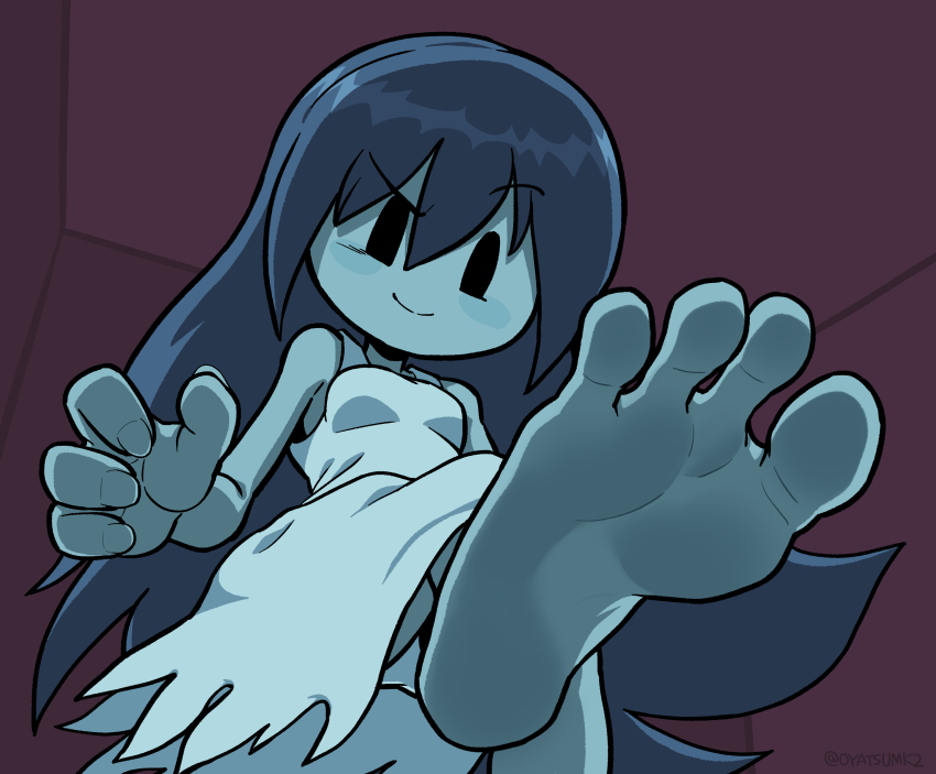 1girl absurdres barefoot blue_hair blue_skin colored_skin feet fingernails foot_focus from_below ghost_girl hair_between_eyes highres long_hair oyatsu_(mk2) simple_background smile soles solo spooky&#039;s_house_of_jump_scares spooky_(shojs) toes torn_clothes