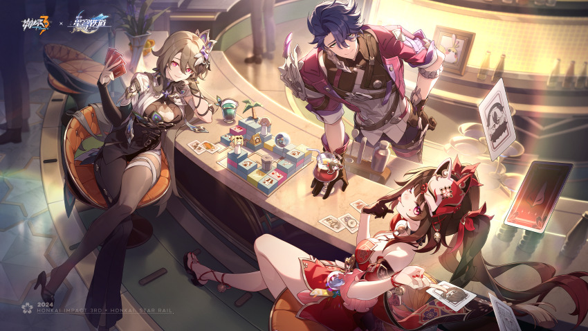 1boy 2girls 2others ;) ;p bare_shoulders black_dress black_footwear black_hair blue_hair boss_stone_(honkai:_star_rail) bottle breasts card character_request clockie_(honkai:_star_rail) coralie_6626_planck cup detached_sleeves dress drinking_glass drinking_straw entropy_(honkai_impact_3rd) erdos_helia erdos_helia_(valkyrie_boltstorm) facial_mark female_dreamseeker_(honkai_impact) grey_hair grey_pantyhose hand_up hanu_(honkai:_star_rail) high_heels highres holding holding_card honkai:_star_rail honkai_(series) honkai_impact_3rd indoors jacket lantern_(honkai_impact) mark_under_both_eyes medium_breasts multiple_girls multiple_others nail_polish official_art one_eye_closed open_clothes open_jacket origami_bird_(honkai:_star_rail) pantyhose pink_eyes purple_jacket red_dress red_nails sampo_koski sandals shirt short_sleeves smile songque songque_(astralop) sparkle_(honkai:_star_rail) thighs tongue tongue_out vita_(honkai_impact) white_shirt