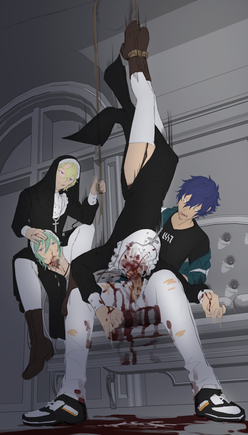 3boys absurdres bdsm blood blood_on_clothes blood_on_neck blue_hair bondage bound censored corpse cum death decapitation disembodied_head ensemble_stars! ero_guro fellatio formal_clothes from_below gang_rape gangbang green_hair grey_background group_sex guro highres kazehaya_tatsumi legs male_focus mosaic_censoring multiple_boys necrophilia nun oral orange_eyes pants penis purple_eyes restrained sazanami_jun severed_head sex shirt shoes skull_fucking sneakers suit t-shirt testicles tomoe_hiyori yaoi