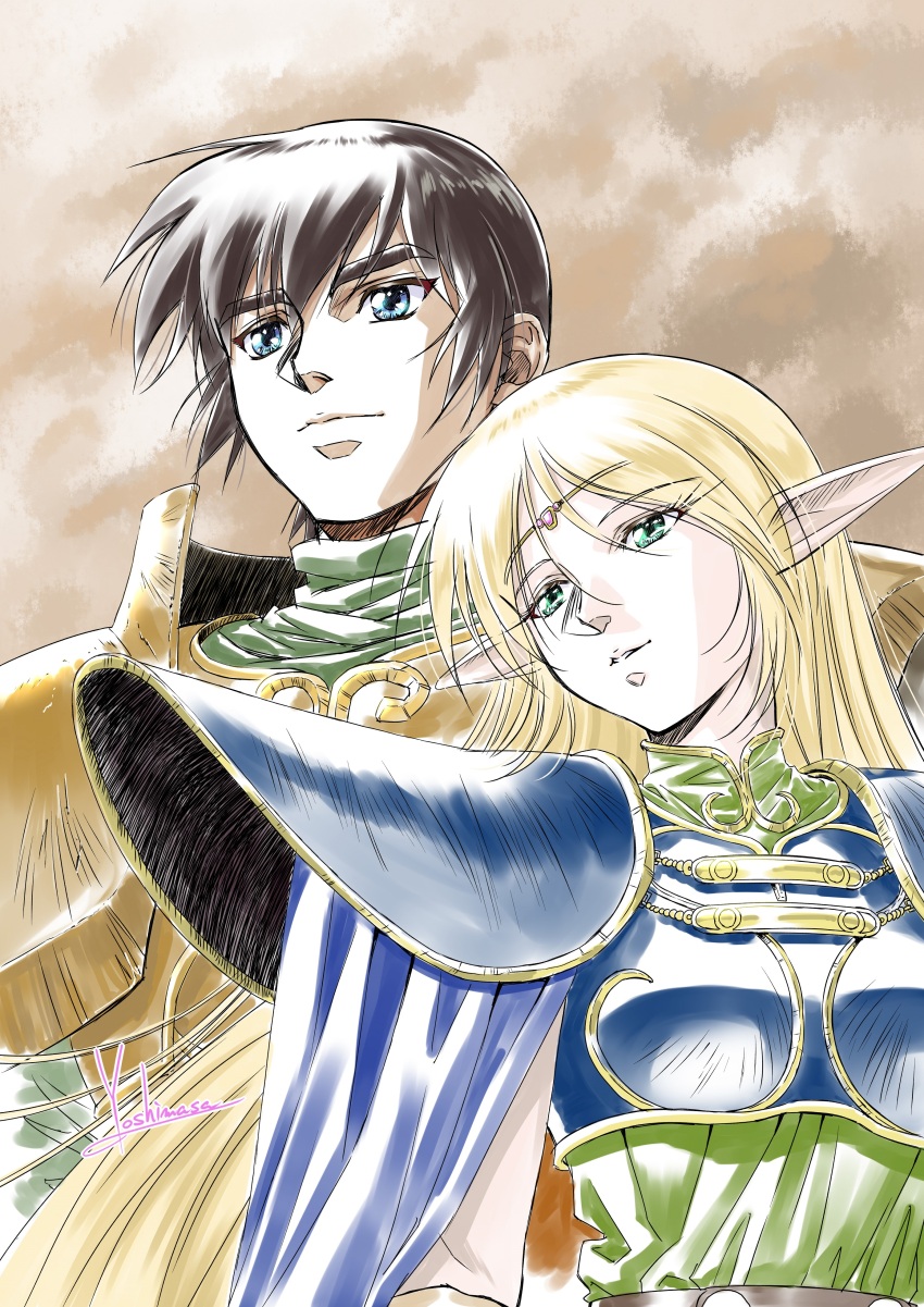 1990s_(style) 1boy 1girl absurdres aqua_eyes armor artist_name black_hair blonde_hair blue_cape cape closed_mouth deedlit elf green_eyes head_tilt high_collar highres long_pointy_ears looking_ahead parn_(lodoss) pointy_ears record_of_lodoss_war retro_artstyle shoulder_armor upper_body yoshinaga_masahiro