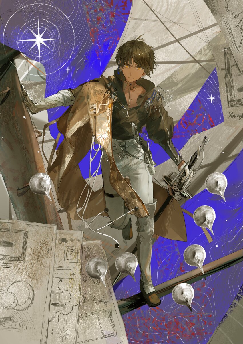 1boy absurdres arknights black_shirt closed_mouth dark-skinned_male dark_skin full_body highres holding holding_sword holding_weapon looking_at_viewer male_focus orange_eyes pants shirt solo sword thorns_(arknights) weapon white_pants yoruirooo777