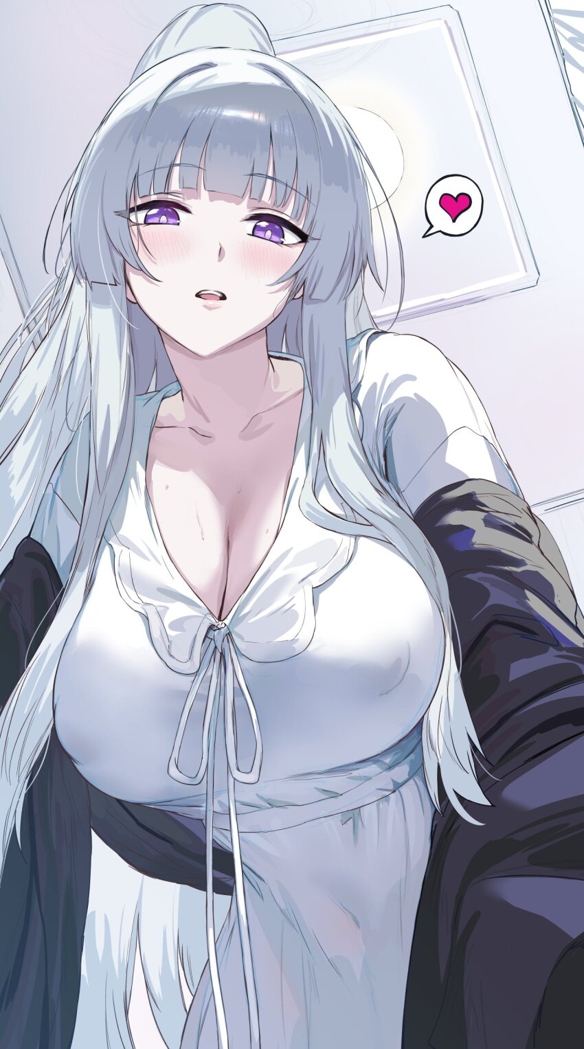 1girl blue_archive blunt_bangs blush breasts cleavage collarbone covered_erect_nipples from_below halo heart hews high_ponytail highres indoors large_breasts long_hair long_sleeves looking_at_viewer nightgown noa_(blue_archive) noa_(pajamas)_(blue_archive) official_alternate_costume open_mouth pajamas ponytail purple_eyes ribbon sleepwear smile spoken_heart spot_color teeth upper_teeth_only white_hair white_nightgown