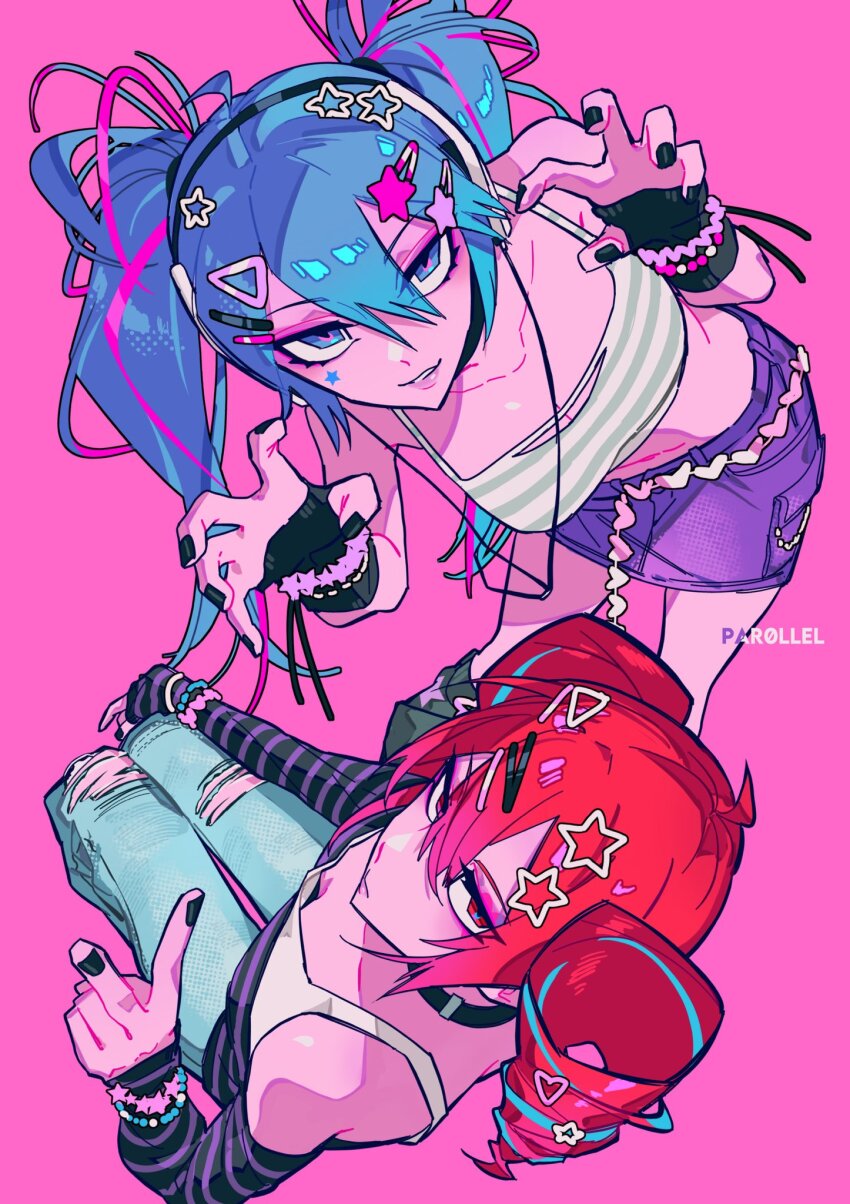 2girls alternate_costume aqua_hair arm_warmers arms_up black_choker black_nails blue_eyes blue_hair choker cropped_shirt denim denim_skirt fingernails grey_skirt grin hair_between_eyes hand_up hatsune_miku highres horizontal-striped_clothes kasane_teto lips long_hair looking_at_viewer multicolored_hair multiple_girls pants par0llel pink_background pink_hair red_eyes shirt simple_background skirt sleeveless sleeveless_shirt smile streaked_hair striped_clothes striped_shirt torn_clothes torn_pants two-tone_hair utau v vocaloid white_shirt