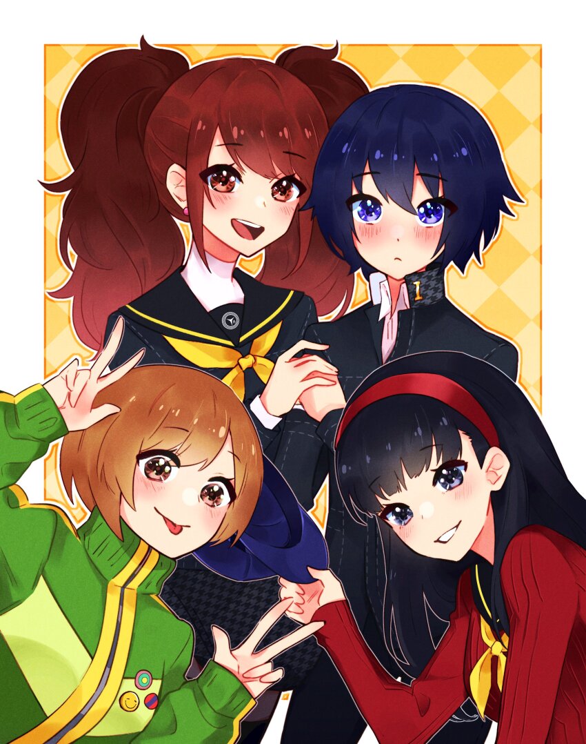 4girls absurdres amagi_yukiko black_hair blonde_hair blue_eyes blue_hair brown_eyes emi_star green_jacket highres jacket kujikawa_rise multiple_girls persona persona_4 red_eyes red_hair red_shirt satonaka_chie school_uniform shirogane_naoto shirt upper_body v v.v.