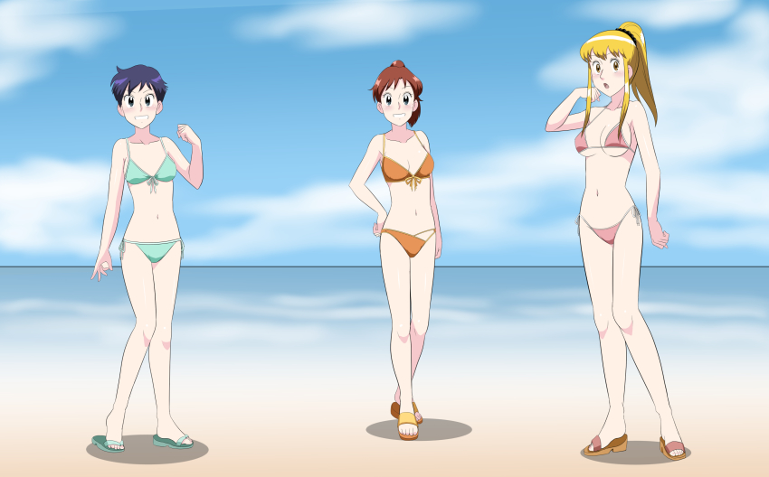 3girls akimoto_katherine_reiko beach bikini blonde_hair highres kochikame long_hair multiple_girls ono_komachi police police_uniform policewoman ponytail sandals seishou_naoko short_hair swimsuit takaya_n