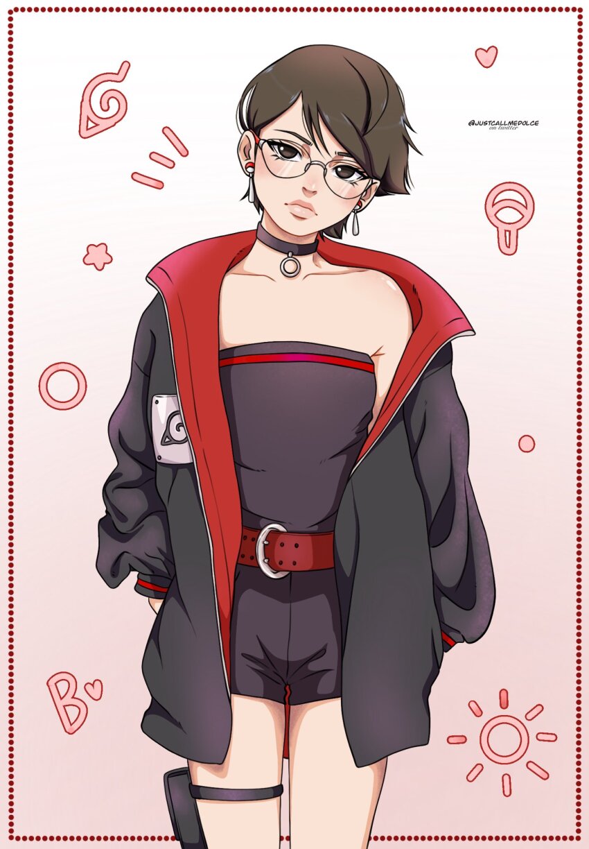 1girl belt black_choker black_eyes black_hair black_jacket black_tube_top boruto:_two_blue_vortex choker collarbone commentary cowboy_shot earrings frown glasses hands_in_pockets head_tilt highres jacket jewelry justcallmedolce konohagakure_symbol lips naruto_(series) pouch red_belt short_hair short_shorts shorts solo strapless thigh_pouch tube_top twitter_username uchiha_sarada uchiha_symbol