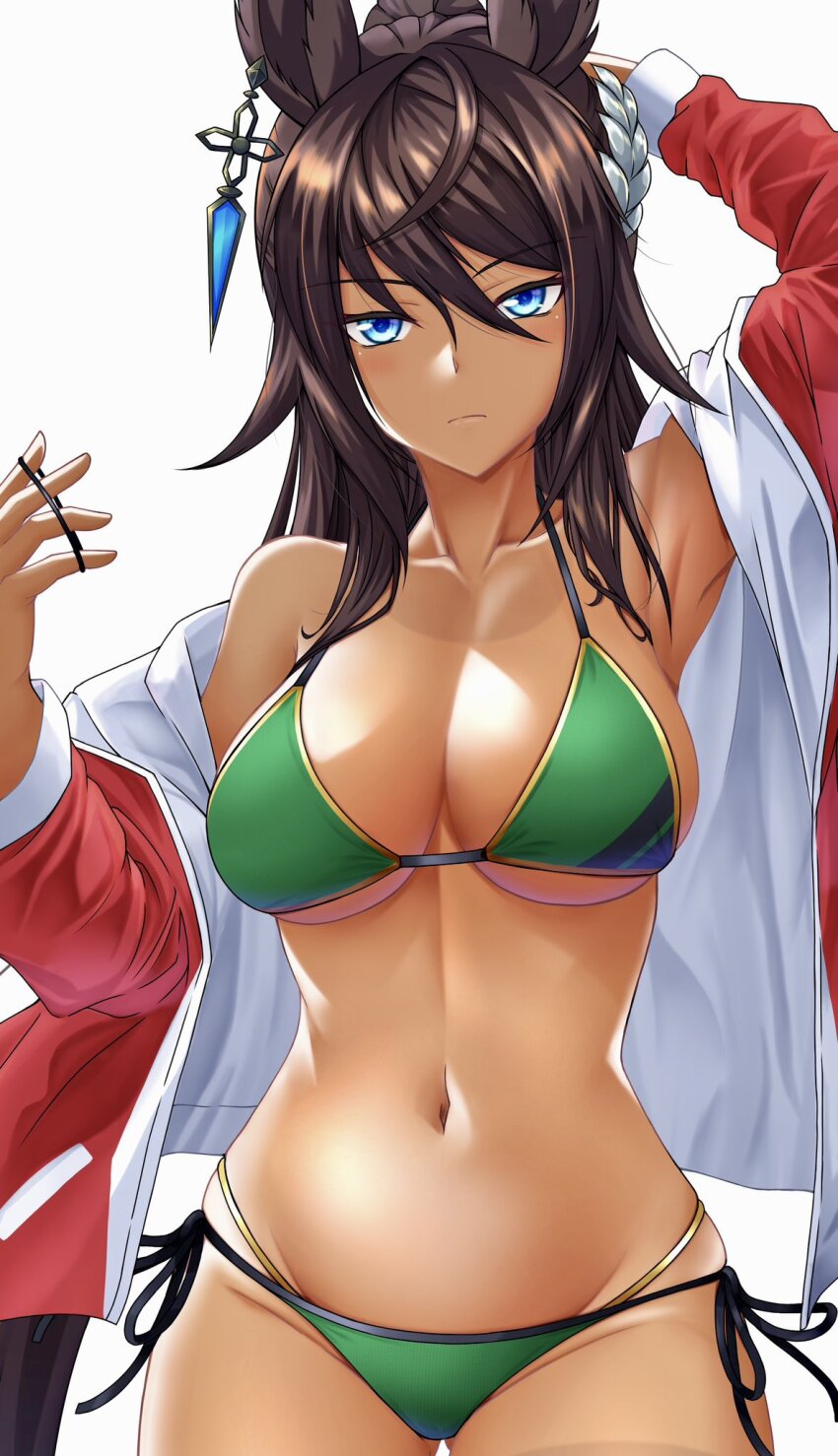 1girl animal_ears arm_behind_head arm_up armpits bikini blue_eyes breasts brown_hair cleavage closed_mouth collarbone dark-skinned_female dark_skin earrings gluteal_fold green_bikini hair_between_eyes hair_ornament hair_tie hand_up highres holding holding_hair_tie horse_ears horse_girl jacket jewelry large_breasts layered_bikini long_hair looking_at_viewer multicolored_jacket navel off_shoulder oryou_gunsou ponytail red_jacket side-tie_bikini_bottom simple_background single_earring skindentation solo stomach swimsuit symboli_kris_s_(umamusume) thigh_gap toned toned_female two-tone_jacket umamusume underboob white_background