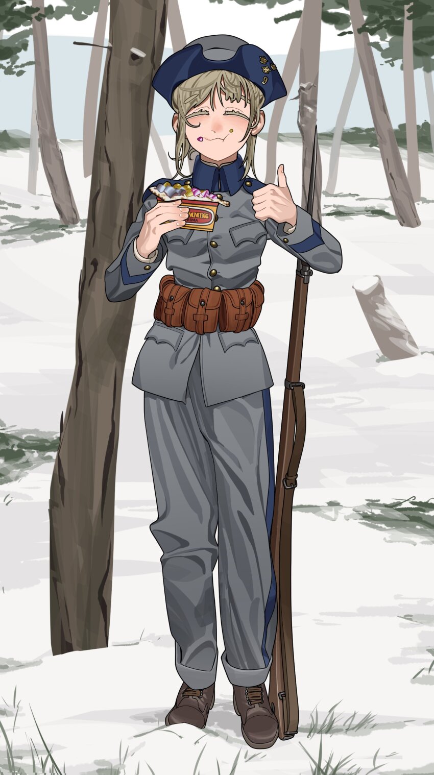 1girl absurdres blue_hat eating forest grey_hat gun hat highres insignia load_bearing_equipment nature original pzkpfwi rifle snow surstromming sweden swedish_uniform thumbs_up tricorne weapon world_war_i