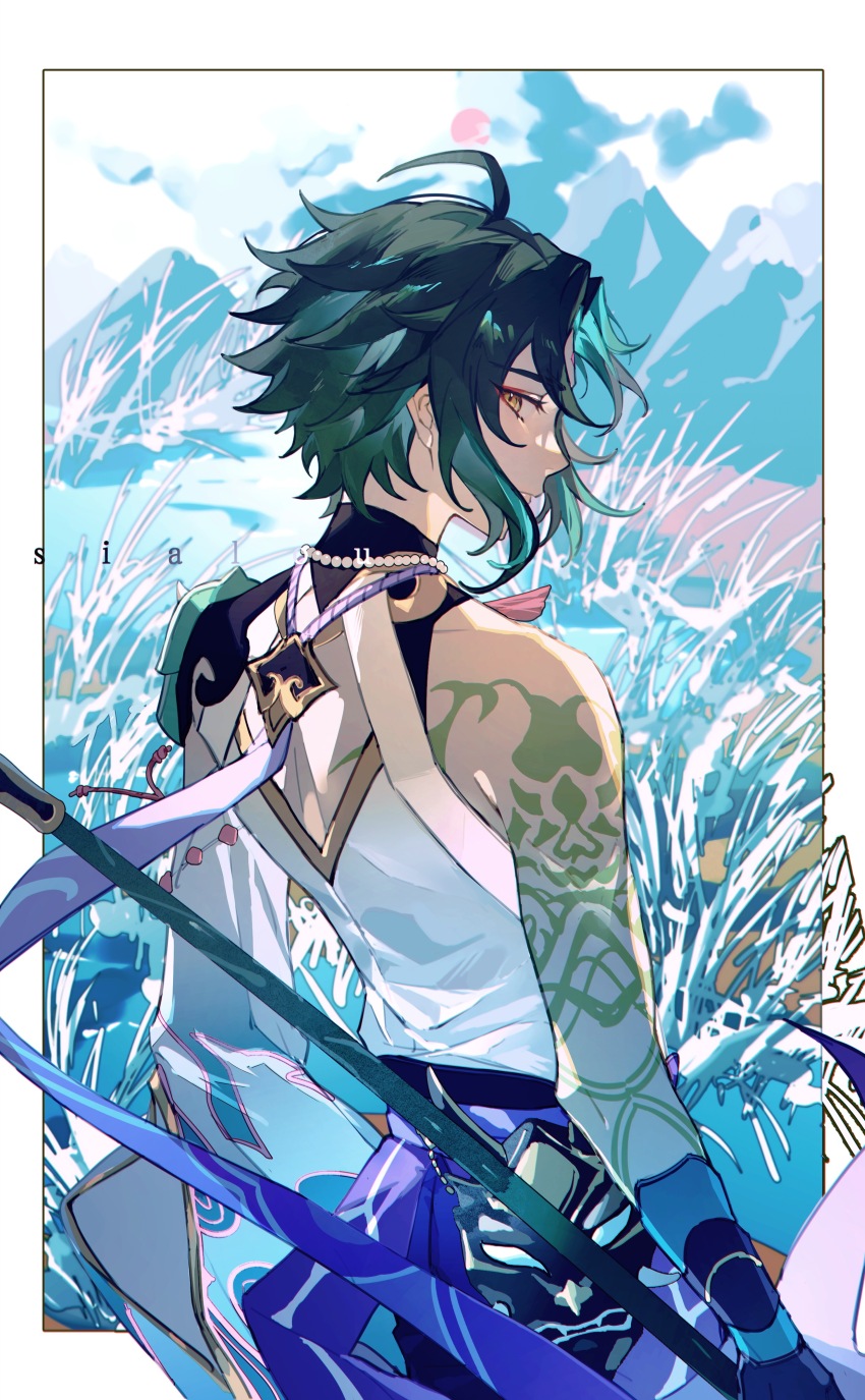 1boy absurdres ahoge artist_name bishounen border closed_mouth covered_mouth cowboy_shot foliage from_behind genshin_impact highres holding holding_polearm holding_weapon looking_back male_focus mountainous_horizon outside_border polearm primordial_jade_winged-spear_(genshin_impact) sialou sideways_glance sky solo watermark weapon white_border wind xiao_(genshin_impact)