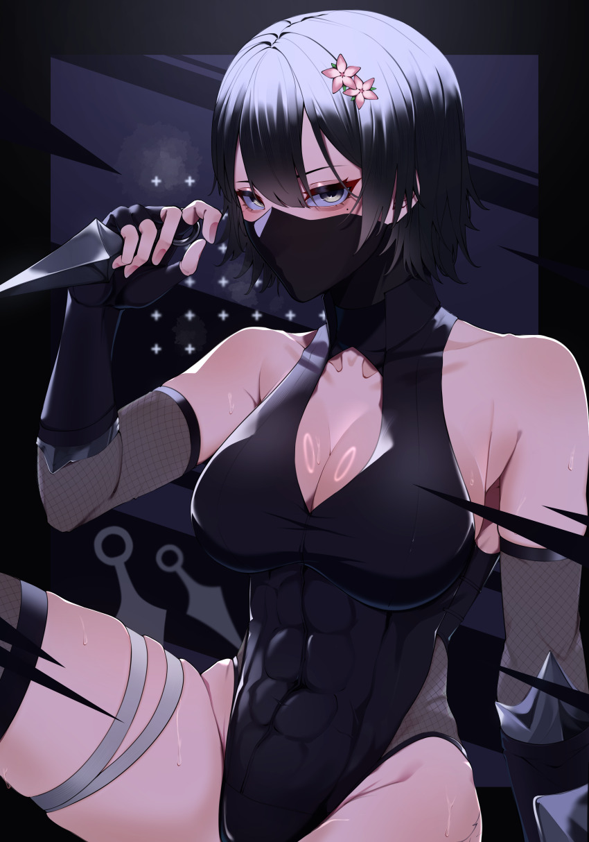 1girl abs blackhare11 bodysuit fishnets hair_ornament highres kunai leotard mask mole mole_under_eye mouth_mask ninja ninja_mask short_hair sweat weapon