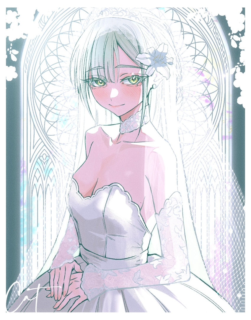 1girl absurdres alternate_costume bang_dream! bang_dream!_it&#039;s_mygo!!!!! bare_shoulders blush border breasts bridal_veil bride chinese_commentary choker cleavage closed_mouth commentary_request cowboy_shot detached_sleeves dress flower green_hair hair_flower hair_ornament highres huaxue_maomi long_hair looking_at_viewer medium_breasts own_hands_together sidelocks signature smile solo strapless strapless_dress veil wakaba_mutsumi wedding_dress white_border white_choker white_dress white_lily