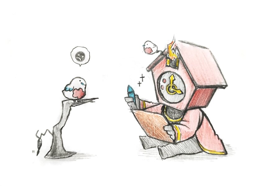 1other baby bib bird black_pants branch clock coat colored_pencil_(medium) crayon cuckoo_clock dante_(limbus_company) highres holding holding_crayon lc_mobclock limbus_company lobotomy_corporation object_head pants project_moon punishing_bird red_coat simple_background sitting traditional_media white_background