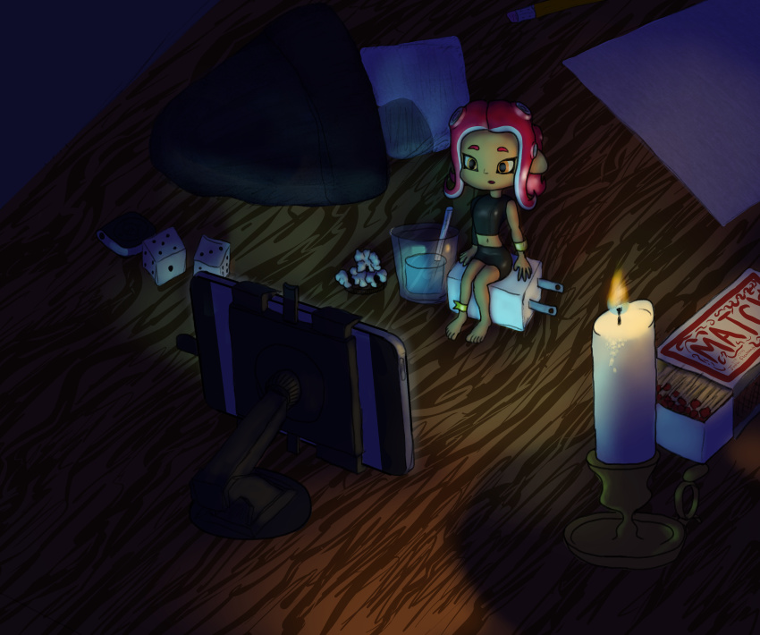 1girl anklet barefoot beanie black_hat black_shirt black_skirt bracelet candle cellphone cup dark_skin desk dice drink drinking_glass electric_plug fire food hat jewelry long_hair long_sleeves looking_at_phone matches midriff mini_person minigirl navel nintendo octoling octoling_girl octoling_player_character octopus_girl on_desk open_mouth orange_eyes paper pencil phone pink_hair pointy_ears popcorn shirt single_sleeve sitting skirt smartphone soandnb splatoon_(series) suction_cups tentacle_hair unworn_hat unworn_headwear water