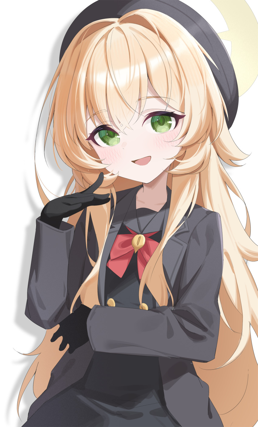 1girl absurdres beret black_coat black_hat black_shirt black_skirt blonde_hair blue_archive bow coat commentary dress green_eyes halo hat highres jei_(user_tckk7448) long_hair long_sleeves looking_at_viewer open_clothes open_coat open_mouth professor_niyaniya_(blue_archive) red_bow shadow shirt simple_background skirt solo white_background yellow_halo
