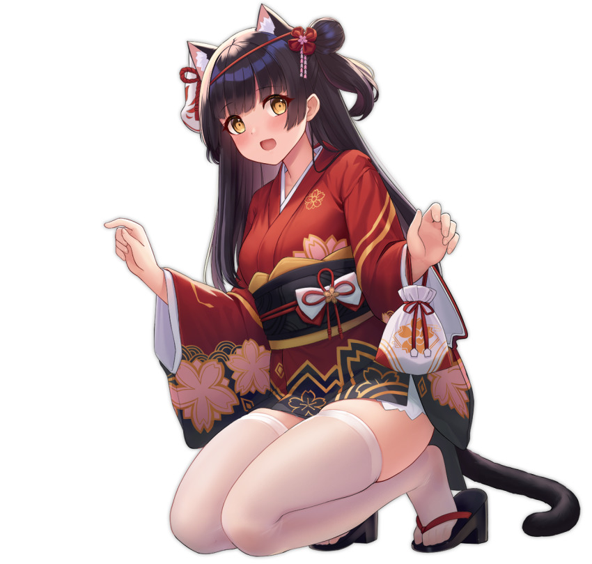 1girl allenes animal_ears azur_lane black_hair cat_ears cat_tail geta hair_bun hair_ornament hatsuharu_(azur_lane) highres japanese_clothes kimono kneeling long_hair looking_at_viewer official_alternate_costume official_art open_mouth single_hair_bun tabi tail thighhighs transparent_background white_thighhighs wide_sleeves yellow_eyes yukata yuugure_(azur_lane) yuugure_(summer_festival_shopping)_(azur_lane)