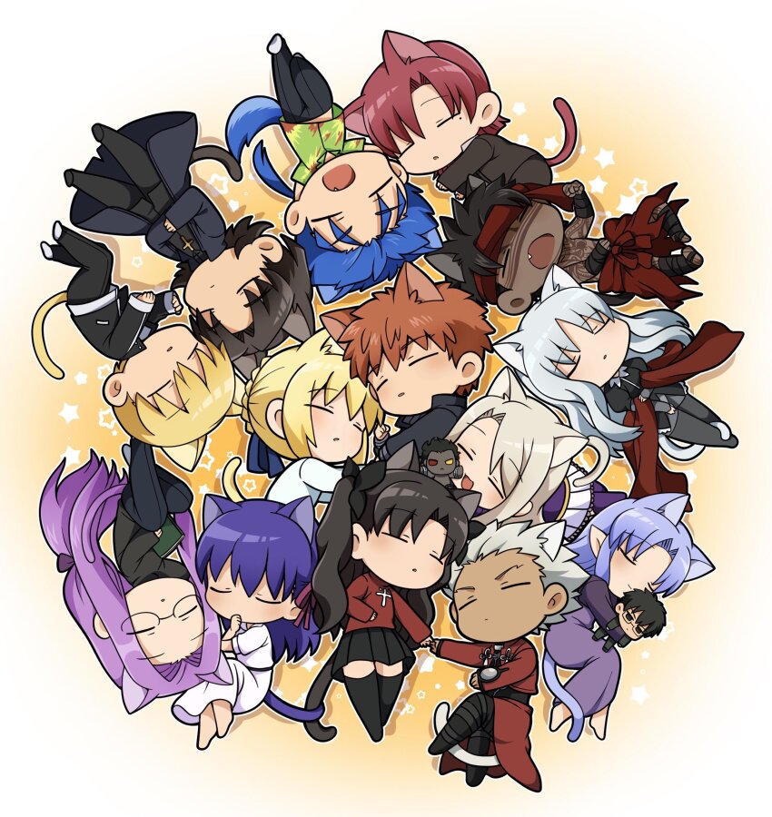 6+boys 6+girls absurdres angra_mainyu_(fate) animal_ears archer_(fate) artoria_pendragon_(fate) bazett_fraga_mcremitz black_hair black_thighhighs blonde_hair blue_hair book caren_hortensia cat_ears cat_tail character_doll chibi closed_eyes cross cross_necklace cu_chulainn_(fate) cu_chulainn_(fate/stay_night) dark-skinned_male dark_skin doll dress emiya_shirou fang fate/hollow_ataraxia fate/stay_night fate_(series) full-body_tattoo gilgamesh_(fate) glasses grey_hair heracles_(fate) highres illyasviel_von_einzbern jewelry kotomine_kirei kuzuki_souichirou long_hair matou_sakura medea_(caster)_(fate) medea_(fate) medusa_(fate) medusa_(rider)_(fate) mole mole_under_eye multiple_boys multiple_girls necklace orange_hair purple_hair saber_(fate) shawl skirt sleeping star_(symbol) star_symbol_background tail tattoo thighhighs tohsaka_rin tsubuta_hiro twintails