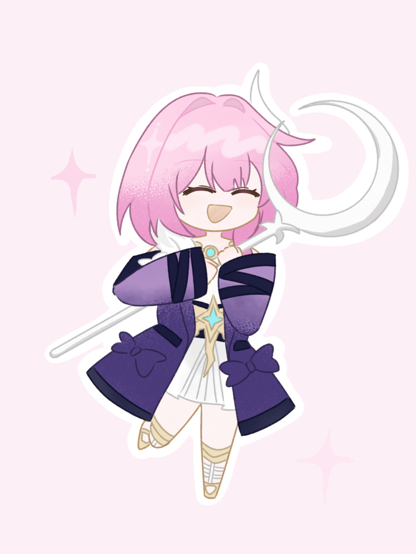 1girl absurdres ceremonial_blade_(honkai:_star_rail) chinese_commentary coat commentary_request cyrene_(honkai:_star_rail) dress hair_ornament highres holding holding_staff honkai:_star_rail honkai_(series) jewelry medium_hair multicolored_hair necklace pink_background pink_hair purple_coat sandals scorpio80150 simple_background smile solo staff two-tone_hair white_dress white_hair
