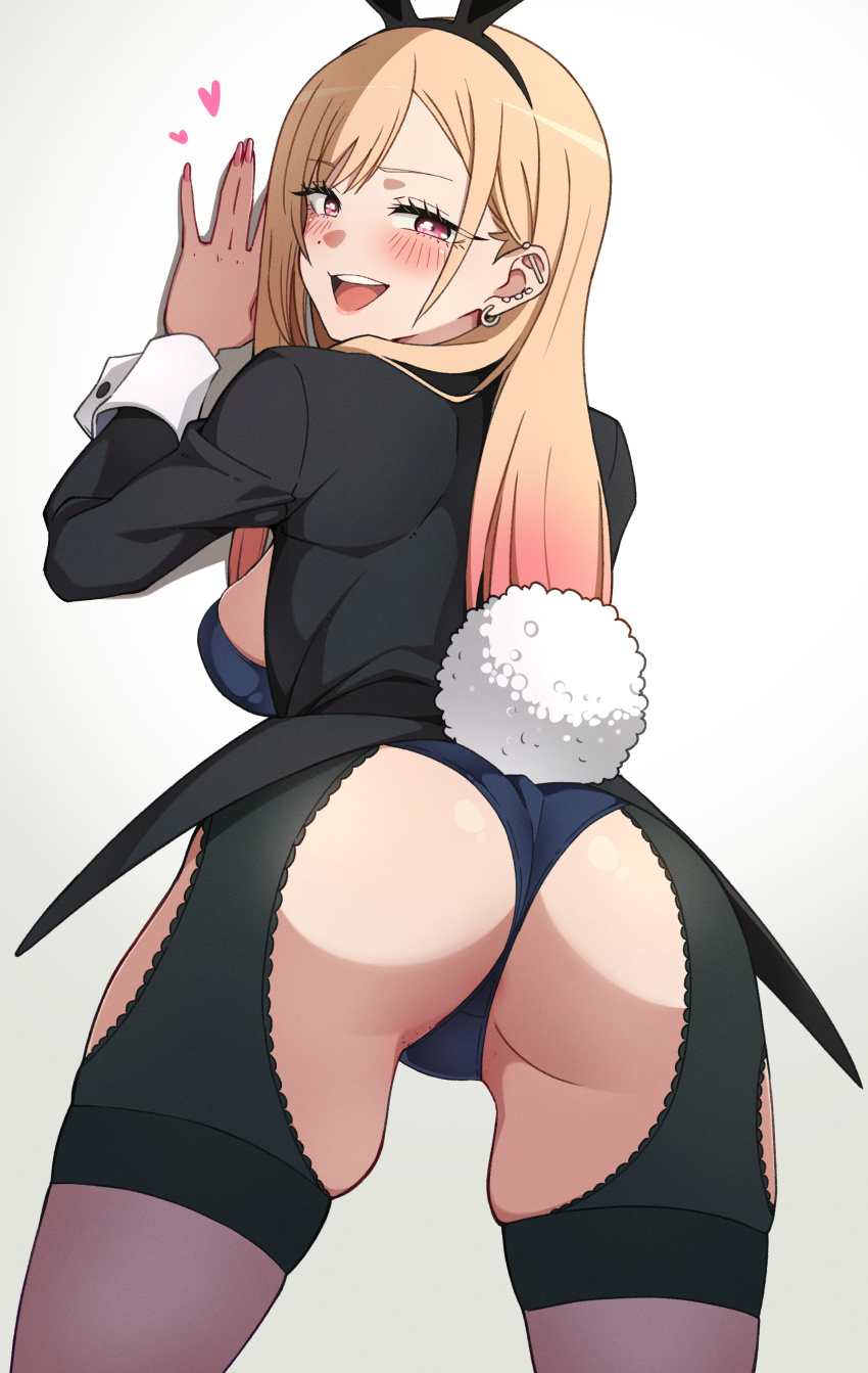 1girl :d absurdres animal_ear_hairband animal_ears animanghayo ass ass_focus barbell_piercing black_jacket blonde_hair blush fake_animal_ears fake_tail from_behind gradient_hair hairband highres jacket kitagawa_marin leotard long_hair looking_back multicolored_hair open_mouth piercing pink_hair playboy_bunny rabbit_ear_hairband rabbit_ears rabbit_tail red_eyes simple_background skindentation smile solo sono_bisque_doll_wa_koi_wo_suru tail thighs very_long_hair white_background