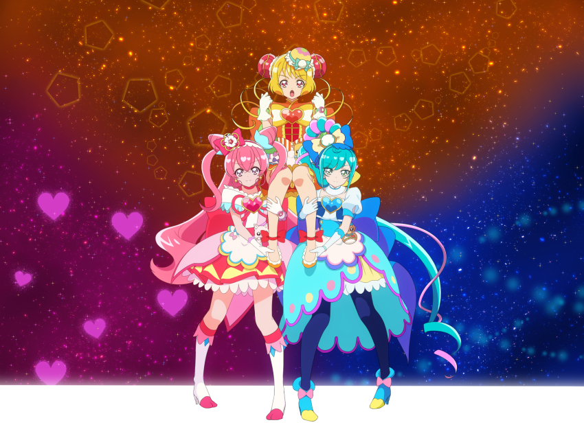3girls ankle_boots back_bow blonde_hair blue_bow blue_footwear blue_hair blue_pantyhose boots bow brooch bun_cover china_dress chinese_clothes choker clenched_hands closed_mouth commentary cone_hair_bun cure_precious cure_spicy cure_yum-yum delicious_party_precure double_bun dress earrings flats frown fuwa_kokone gloves green_eyes hair_bow hair_bun hair_rings hanamichi_ran heart heart_brooch highres huge_bow jewelry knee_boots kome-kome lifting_person long_hair looking_at_viewer magical_girl mem-mem_(precure) multiple_girls nagomi_yui on_kazu open_mouth orange_bow orange_dress orange_shoes pam-pam pantyhose pink_dress pink_hair precure puffy_short_sleeves puffy_sleeves purple_eyes red_bow red_choker red_eyes rope shoes short_dress short_hair short_sleeves side_ponytail single_hair_ring smile sparkle standing triple_bun two_side_up very_long_hair white_footwear white_gloves yellow_bow