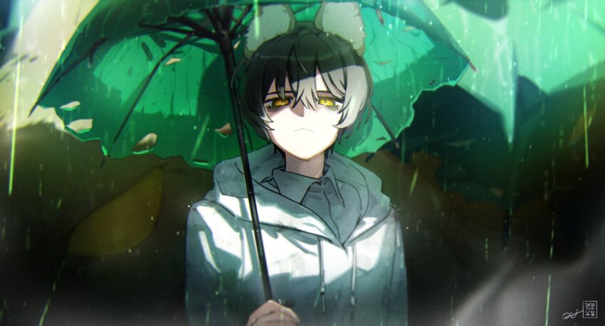 1boy akantai bags_under_eyes black_hair crossed_bangs dappled_sunlight double-parted_bangs e.g.o_(project_moon) frown hair_between_eyes haze holding holding_umbrella light_particles limbus_company looking_at_viewer male_focus project_moon rain raincoat short_hair solo sunlight sunshower_(e.g.o) torn_umbrella umbrella upper_body yellow_eyes yi_sang_(project_moon)