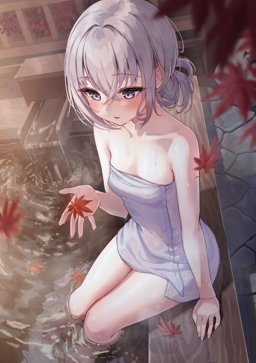 absurdres arm_at_side autumn autumn_leaves bare_arms bare_shoulders blurry blurry_foreground blush breasts collarbone covered_navel crossed_bangs eyelashes falling_leaves from_above grey_hair hair_between_eyes hand_up highres holding holding_leaf leaf looking_ahead naked_towel namikishiho original parted_lips purple_eyes ripples sitting small_breasts soaking_feet stone_floor towel water wet wet_hair wet_towel wooden_bathtub