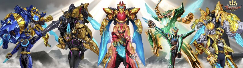 1girl 2025 20s 4boys adk-em akutsu_jun&#039;ichi animal_ears arm_blade arm_cannon armor artist_collaboration bandai bandai_namco bird black_armor black_bodysuit black_helmet blue_armor blue_bodysuit blue_eyes blue_helmet bodysuit buckle claws copyright_name cowboy_shot eagle fangs gauntlets glowing glowing_eyes gozyu_eagle gozyu_leon gozyu_tyranno gozyu_unicorn gozyu_wolf green_armor green_bodysuit green_helmet group_picture helmet highres holding holding_pole holding_shield horns ichikawa_sumino jewelry lance lion lion_ears mecha multiple_boys no.1_sentai_gozyuger official_art oobari_masami pole polearm red_armor red_bodysuit red_eyes red_helmet ring robot second-party_source sentairing sentairing:_gozyu_eagle sentairing:_gozyu_tyranno sentairing:_gozyu_unicorn sentairing:_gozyu_wolf sentairing:_tegasword_blue sentairing:_tegasword_green sentairing:_tegasword_red sentairing:_tegasword_yellow shield shimizu_eiichi shimoguchi_tomohiro single_gauntlet single_horn super_sentai sword tegasword tegasword_(mecha) tegasword_black tegasword_blue tegasword_green tegasword_red tegasword_yellow tenjin_hidetaka toei_company tokusatsu tsumegabuckle tv_asahi tyrannosaurus_rex unicorn unicorn_horn watermark weapon wings wolf wolf_ears yamashita_takato yellow_armor yellow_bodysuit yellow_helmet