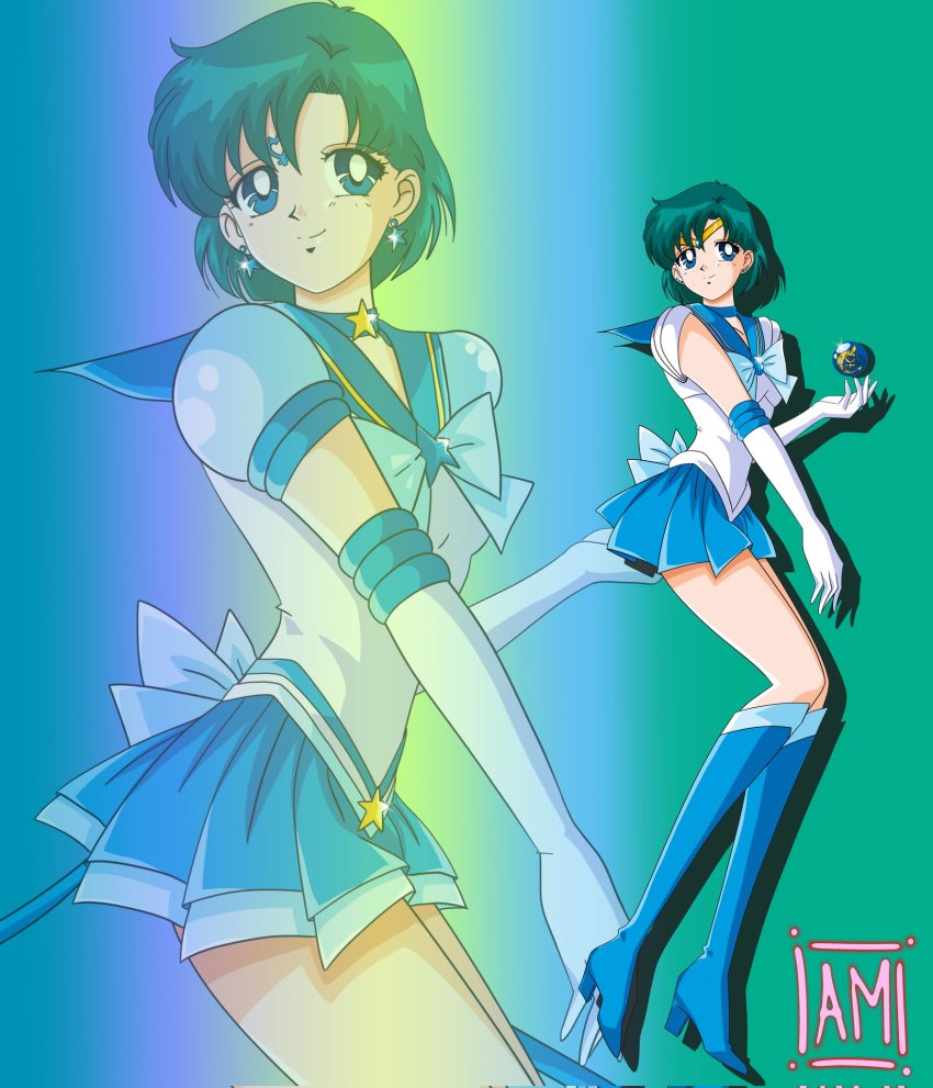 2girls anello81 aqua_background artist_logo asymmetrical_bangs back_bow bare_legs bishoujo_senshi_sailor_moon blue_background blue_bow blue_choker blue_eyes blue_footwear blue_hair blue_sailor_collar blue_skirt boots bow choker closed_mouth dual_persona earrings elbow_gloves facial_mark forehead_mark full_body gloves green_background high_heel_boots high_heels highres holding holding_orb inner_senshi jewelry knee_boots blue_bow logo magical_girl mercury_symbol miniskirt mizuno_ami multiple_girls neck necklace orb pleated_skirt puffy_short_sleeves puffy_sleeves sailor_collar sailor_mercury sailor_senshi_uniform short_hair short_sleeves skirt smile standing star_(symbol) star_choker star_earrings star_necklace stud_earrings super_sailor_mercury_(stars) tiara white_gloves zoom_layer