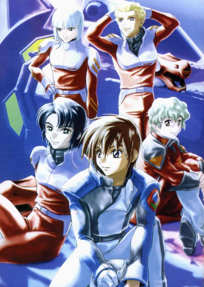 00s 5boys athrun_zala blonde_hair blue_eyes blue_hair brown_hair dearka_elsman green_eyes green_hair gundam gundam_seed highres kira_yamato male_focus mecha multiple_boys nicol_amafli pilot_suit purple_eyes robot short_hair silver_hair strike_gundam yzak_joule