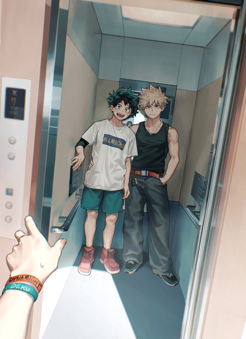 2boys all_might alternate_costume ankle_socks aqua_bracelet aqua_shorts arm_at_side baggy_pants bakugou_katsuki bare_arms bare_shoulders belt black_tank_top blonde_hair blurry boku_no_hero_academia bracelet bright_pupils brown_belt cameo casual character_charm character_name charm_(object) chromatic_aberration closed_mouth clothing_request commentary_request cross-laced_footwear cut_(nifuhami_35) depth_of_field dutch_angle elevator elevator_door elevator_operator fingernails freckles from_outside frown green_eyes green_footwear green_hair grey_pants hand_in_pocket hand_on_another&#039;s_waist hand_up handrail highres jewelry light looking_at_viewer midoriya_izuku mirror multiple_boys nail_polish necklace open_door open_mouth orange_nails pants partial_commentary perspective pov print_shirt push-button red_eyes red_footwear reflection ring sanpaku scar scar_on_hand scar_on_shoulder seven-segment_display shade shirt short_hair short_sleeves shorts side-by-side single_horizontal_stripe sleeveless smile socks soft_focus spiked_hair standing sweatdrop t-shirt tank_top white_pupils white_shirt wrinkled_fabric yellow_socks