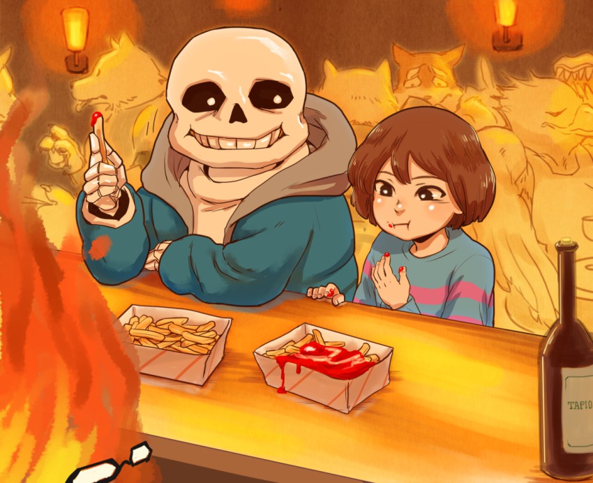 1boy :t androgynous black_eyes bottle brown_hair dog doggo eating fire food french_fries frisk_(undertale) glasses greater_dog grillby grin jacket ketchup lesser_dog monster sans_(undertale) shirt short_hair skeleton slice_of_life smile striped_clothes striped_shirt tenperu_tapio undertale