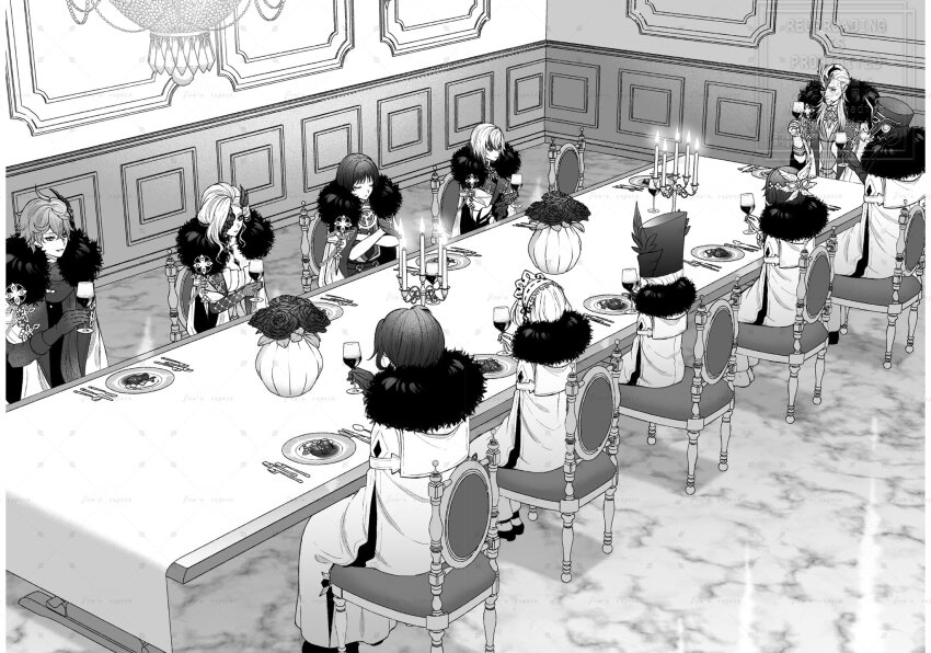 4girls 6+boys ahoge angel_wings arlecchino_(genshin_impact) asymmetrical_bangs blunt_ends bodysuit breasts capitano_(genshin_impact) chair chandelier cleavage closed_eyes closed_mouth coat columbina_(genshin_impact) crossed_arms cup dress elbow_gloves empty_eyes eye_mask eyelashes eyeshadow facing_another fatui_coat fatui_logo fork formal_clothes fur-trimmed_coat fur_collar fur_trim gauntlets genshin_impact glass gloves greyscale half_mask hat head_wings headdress helm helmet high_heels highres holding holding_cup indoors japanese_clothes jewelry juban kimono lapels large_breasts long_sleeves looking_at_another makeup mask mask_on_head mitsudomoe_(shape) monochrome multicolored_hair multiple_boys multiple_girls multiple_wings o-ring open_clothes open_kimono open_mouth pantalone_(genshin_impact) pierro_(genshin_impact) plate pulcinella_(genshin_impact) ring roge_gnsn sandrone_(genshin_impact) scaramouche_(genshin_impact) scarf sidelocks signora_(genshin_impact) sitting spoon strapless strapless_dress streaked_hair suit table_knife tartaglia_(genshin_impact) tomoe_(symbol) top_hat tsurime watermark wings wispy_bangs wrist_bow