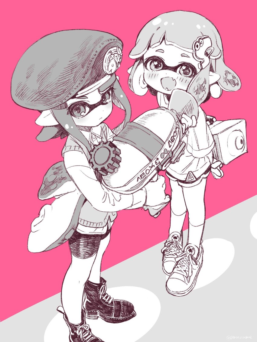 2girls :d amezawa_koma beret boots closed_mouth collared_shirt commentary_request dolphin_shorts dot_nose dress_shirt fangs full_body greyscale_with_colored_background hair_ornament hairclip hat highres holding holding_weapon inkling inkling_girl inkling_player_character long_hair long_sleeves looking_at_viewer multiple_girls nintendo open_mouth pink_background pointy_ears shirt shoes short_hair short_sleeves shorts smile sneakers socks splatoon_(series) splattershot_(splatoon) splattershot_jr._(splatoon) standing sweater_vest t-shirt tentacle_hair weapon