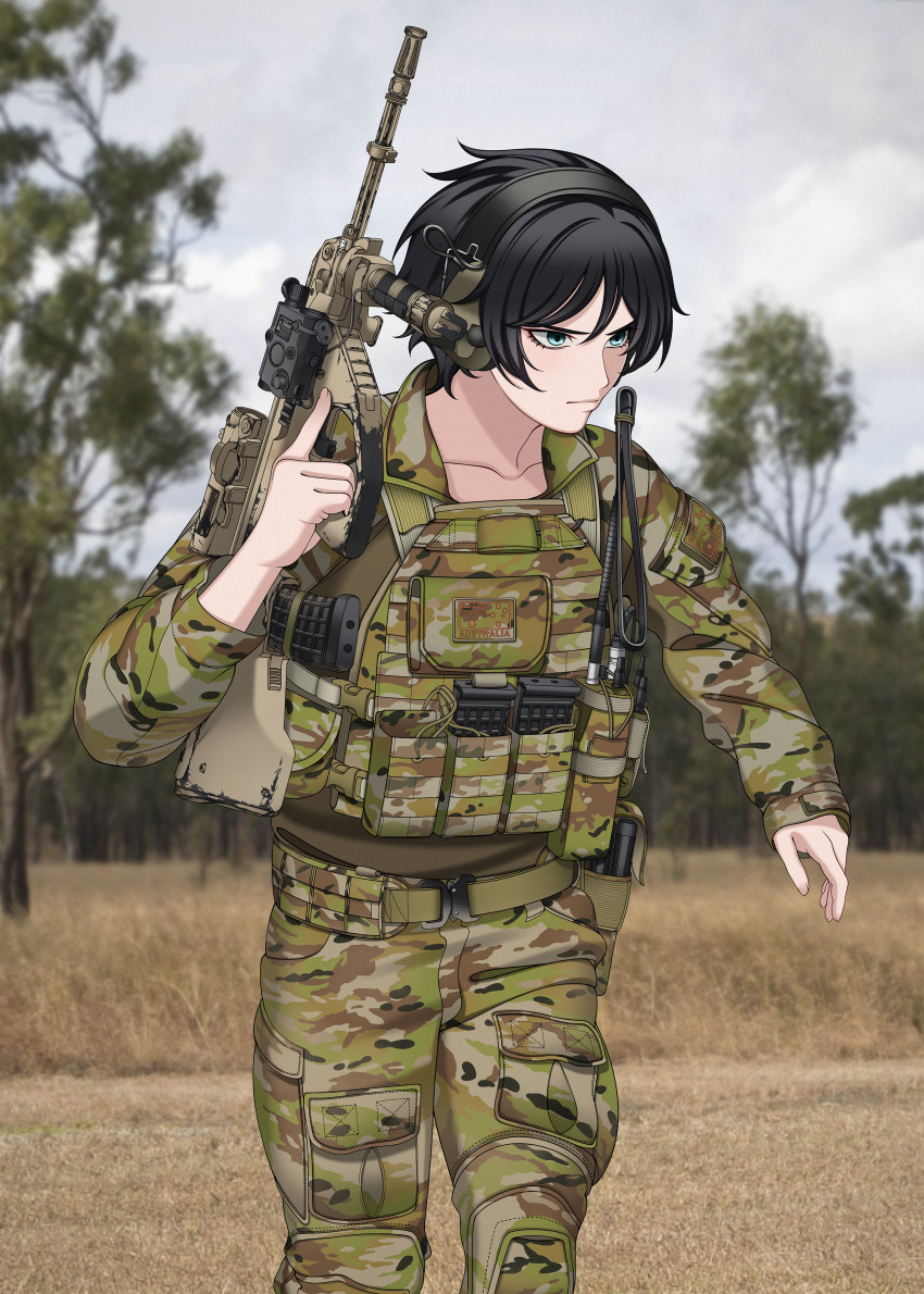 1girl absurdres ammunition_pouch assault_rifle australia australian_army australian_flag avee_(silent_kookaburra) black_hair blue_eyes blurry blurry_background body_armor bulletproof_vest bullpup camouflage camouflage_jacket camouflage_pants closed_mouth collarbone commentary commission foregrip gun hair_between_eyes handgun headphones headset highres holding holding_gun holding_weapon holster holstered jacket keiita knee_pads laser_sight load_bearing_vest long_sleeves magazine_(weapon) military military_combat_uniform military_uniform optical_sight original outdoors pants pouch radio radio_antenna rifle scope short_hair soldier solo standing steyr_aug tactical_clothes trigger_discipline upper_body vertical_foregrip weapon woodland_camouflage