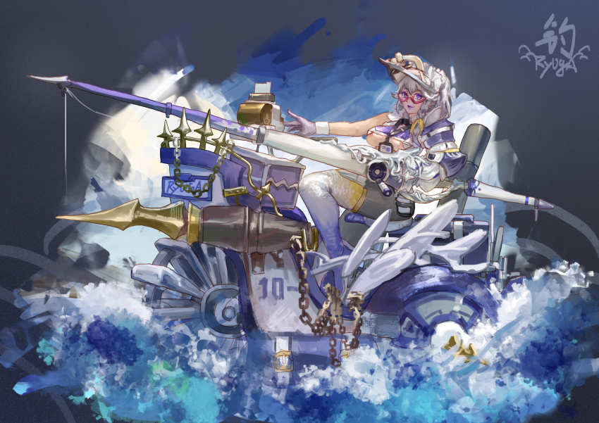 1girl absurdres alternate_costume blue_boots boots braid breasts chain closed_mouth commentary_request cookie_(touhou) d_tomoki fishing_rod full_body glasses gradient_boots grey_background grey_pantyhose highres izayoi_sakuya looking_at_viewer machine maid_headdress medium_breasts pantyhose pink-framed_eyewear purple_eyes purple_lips riding ryuuga_(cookie) short_hair side_braid single_braid sitting smile solo splashing thigh_boots touhou underboob water water_wheel white_boots