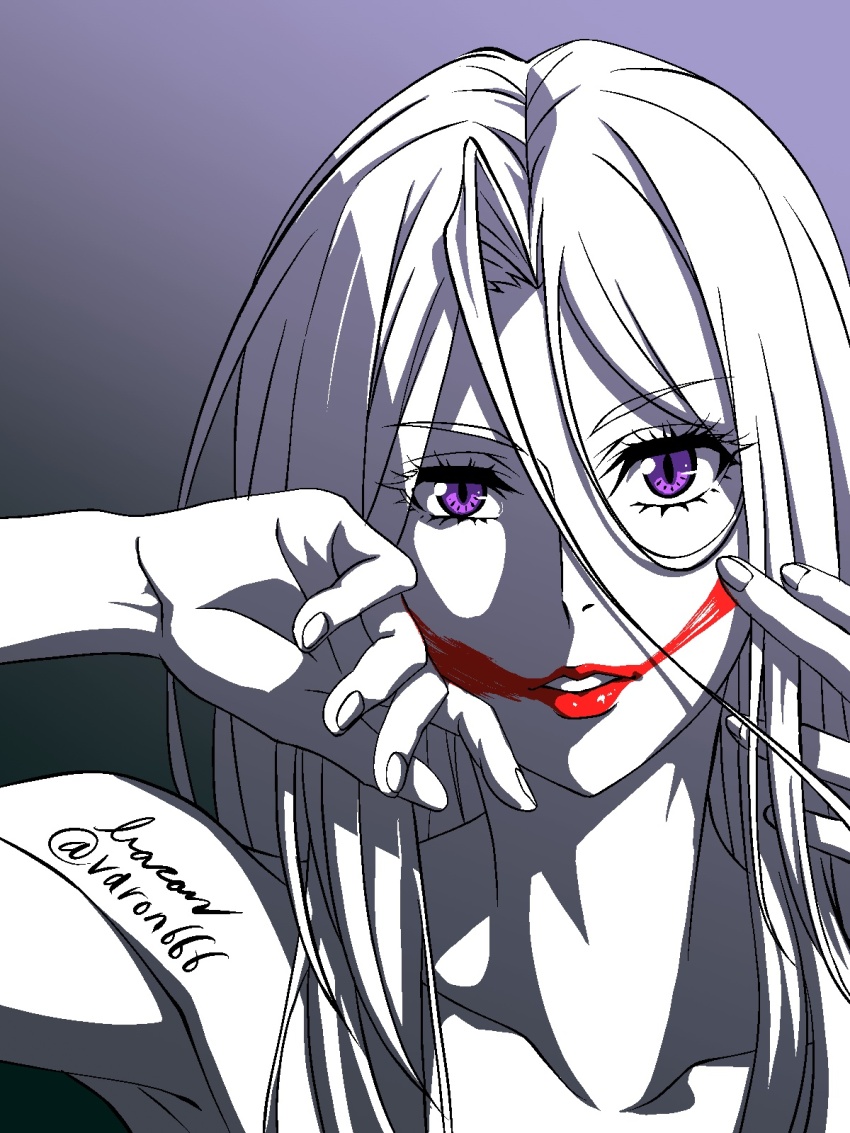 1girl baron_(varon666) batman_(series) collarbone dc_comics fuuto_tantei highres joker_(2019) long_hair purple_eyes solo tokime_(fuuto_tantei) varon