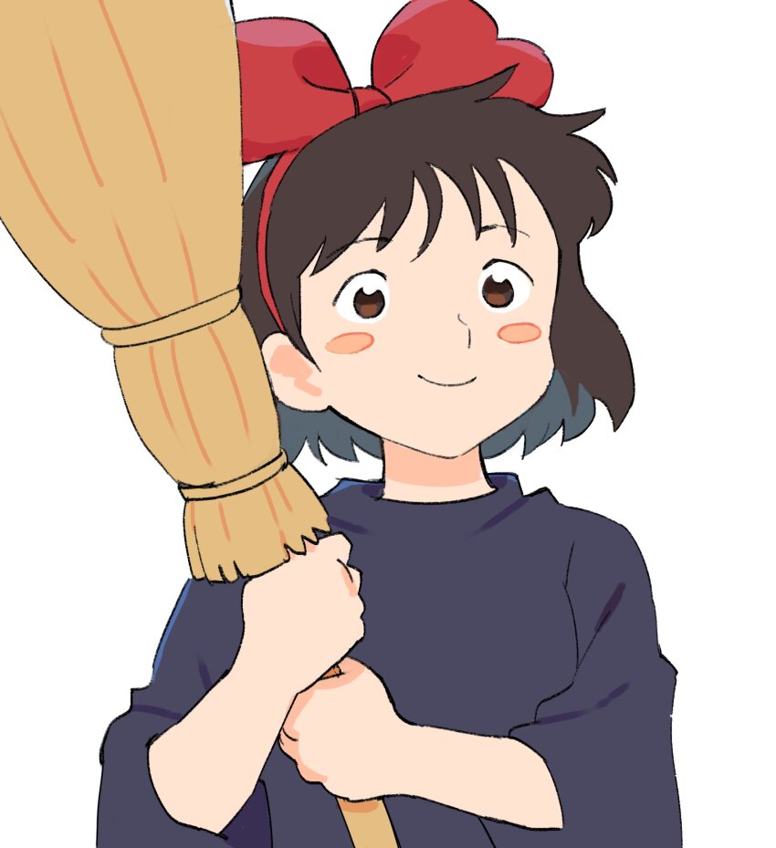 1girl black_hair blush_stickers broom brown_eyes closed_mouth gan2 hairband highres holding holding_broom kiki_(majo_no_takkyuubin) majo_no_takkyuubin red_hairband short_hair simple_background smile solo upper_body white_background