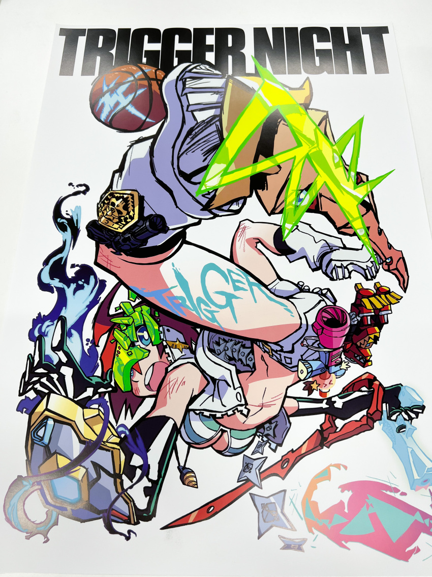 1girl absurdres ass bad_anatomy bikini breasts cleavage gun highres kill_la_kill luluco medium_breasts navel panty_&amp;_stocking_with_garterbelt promare studio_trigger swimsuit sword tengen_toppa_gurren_lagann trigger-chan uchuu_patrol_luluco weapon