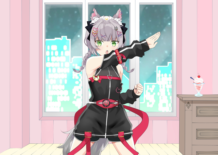 1girl absurdres animal_ears bow commission cupboard food green_eyes grey_hair hair_bow hair_ornament hair_ribbon hairclip henshin_pose highres ice_cream indie_virtual_youtuber indoors kamen_rider kamen_rider_(1st_series) kamen_rider_1 kamizuki_naki kiniro_tofu looking_at_viewer nose open_mouth prism_project ribbon rider_belt solo tail virtual_youtuber window wolf_ears wolf_tail