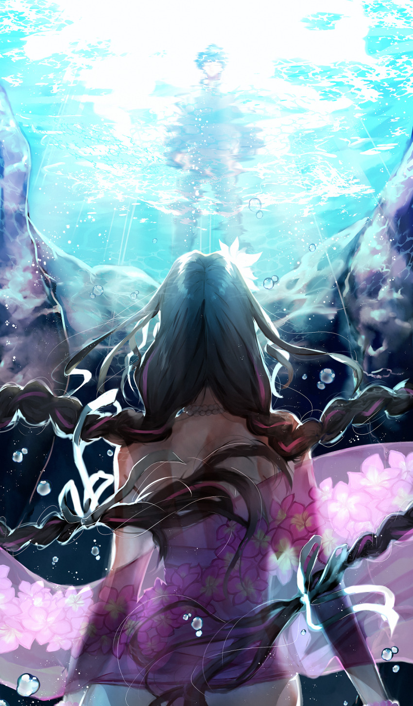 1boy 1girl aged_up air_bubble back black_hair blue_hair braid bubble caustics commentary facing_another facing_away fate/grand_order fate_(series) hans_christian_andersen_(adult)_(fate) hans_christian_andersen_(fate) highres jewelry long_hair looking_down multicolored_hair necklace pearl_necklace pink_hair pink_sarong sarong sessyoin_kiara sessyoin_kiara_(swimsuit_mooncancer)_(first_ascension) short_hair streaked_hair sunlight twin_braids underwater very_long_hair water yuta_arata