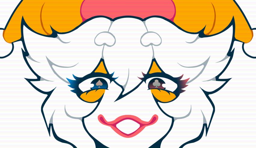 1boy balatro black_eyes clown clown_boy clown_makeup club-shaped_pupils colored_skin commentary english_commentary eyeshadow hair_between_eyes hat highres hosses jester jester_boy jester_cap jimbo_(balatro) looking_at_viewer male_focus mismatched_pupils open_mouth orange_eyeshadow orange_hat personification pom_pom_(clothes) red_hat red_lips short_hair simple_background smile solo spade-shaped_pupils trap two-tone_hat upper_body white_background white_hair white_skin